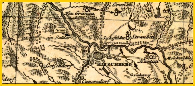 Fragment mapy Matthaeusa Schubartha (1736 r.), na której zaznaczono miejsce, gdzie zbudowany był Parnas