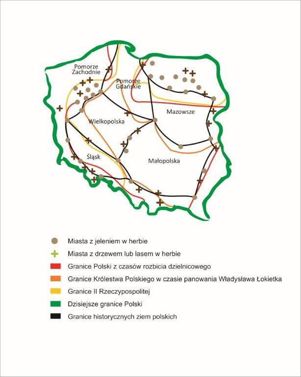 Mapa miast z jeleniami w herbie