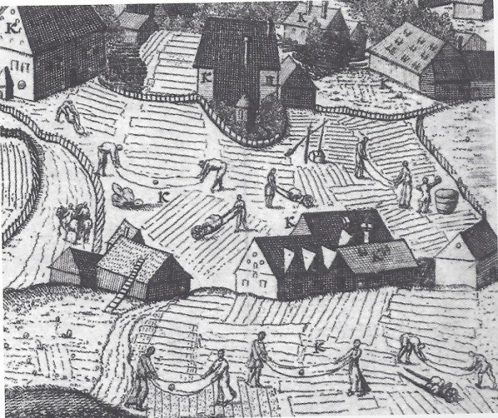 Fragment Jeleniej Góry od północnego zachodu w połowie XVIII wieku. Bielarnia Gotfrieda Glafeya