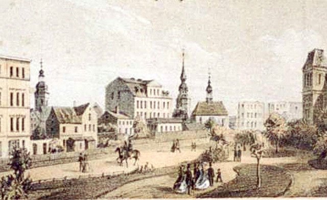 Jeden z nielicznych zachowanych obrazów przedstawiających ulicę Bankową ze świeżo wytyczonymi alejkami spacerowymi. Połowa XIX wieku.