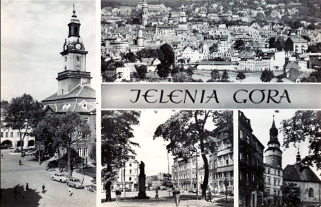 Ulica Bankowa jako motyw przewodni w mozaice pocztówkowej z lat 60-tych minionego wieku.