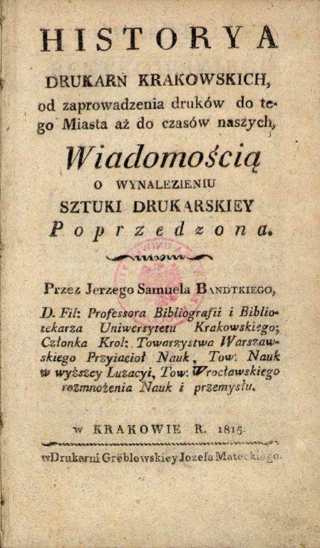 Jedno z dzieł J.S.Bandtkego wydane w Krakowie