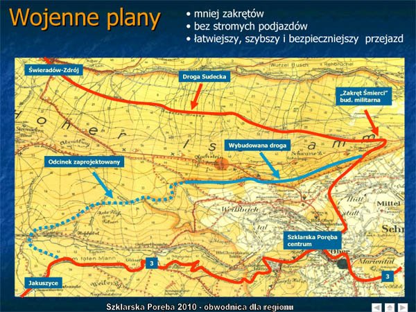 Niebieską linią zaznaczono poniemiecką drogę. Linia ciągła - odcinek wybudowany, linia przerywana - planowany.