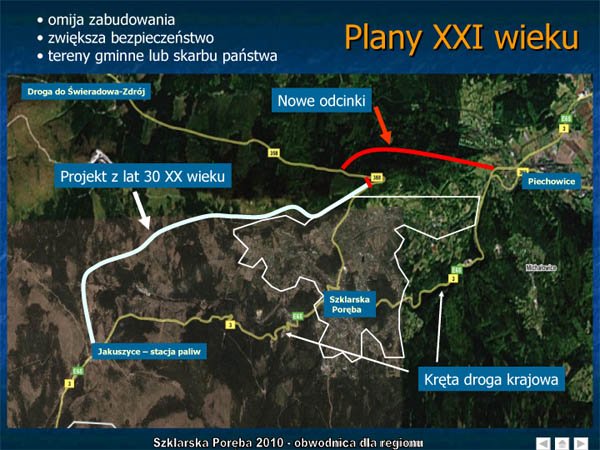 Czerwoną linią zaznaczono odcinek obwodnicy od Piechowic do Szklarskiej Poręby w okolice Zakrętu Śmierci.
