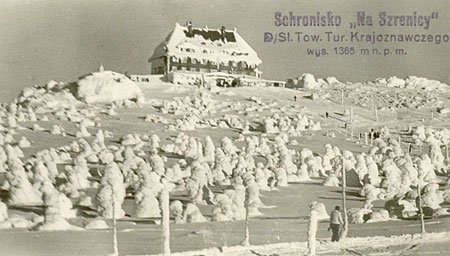 Ośnieżona Hala Szrenicka (niemiecka pocztówka, polski stempel) – lata 50-te.