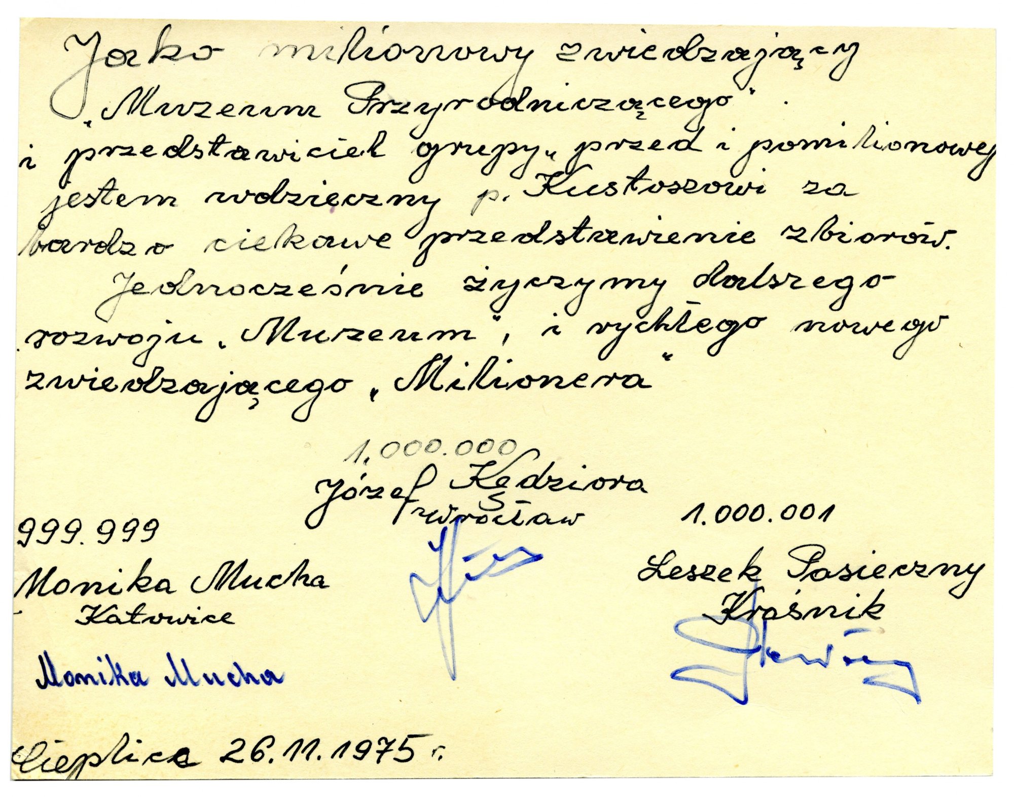 Życzenia dla Muzeum od jubileuszowych odwiedzających