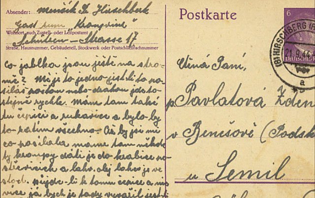 Kartka wypełniona przez Menecika dla Zdenki Pavlakovej. Czech miał kłopoty z niemiecką pisownią: napisał Hirschberg przez „k” na końcu.