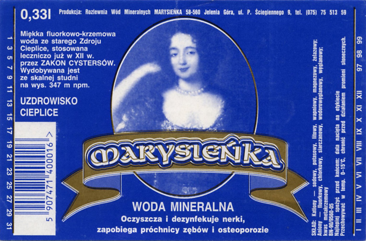 Mała etykieta wody Marysieńka z lat 90. XX wieku/fot. Archiwum Muzeum Przyrodniczego