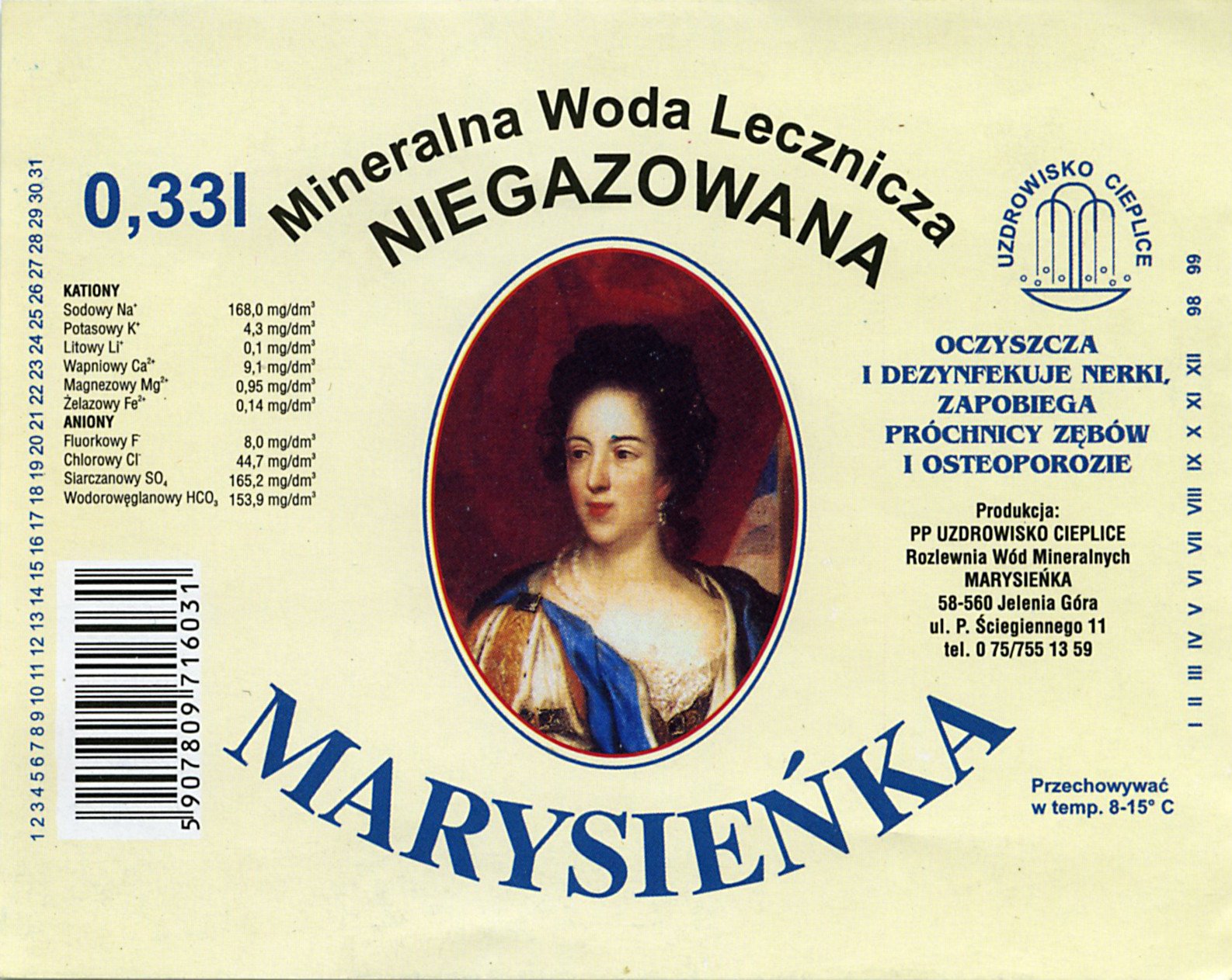 Mała etykieta wody Marysieńka z lat 90. XX wieku/fot. Archiwum Muzeum Przyrodniczego
