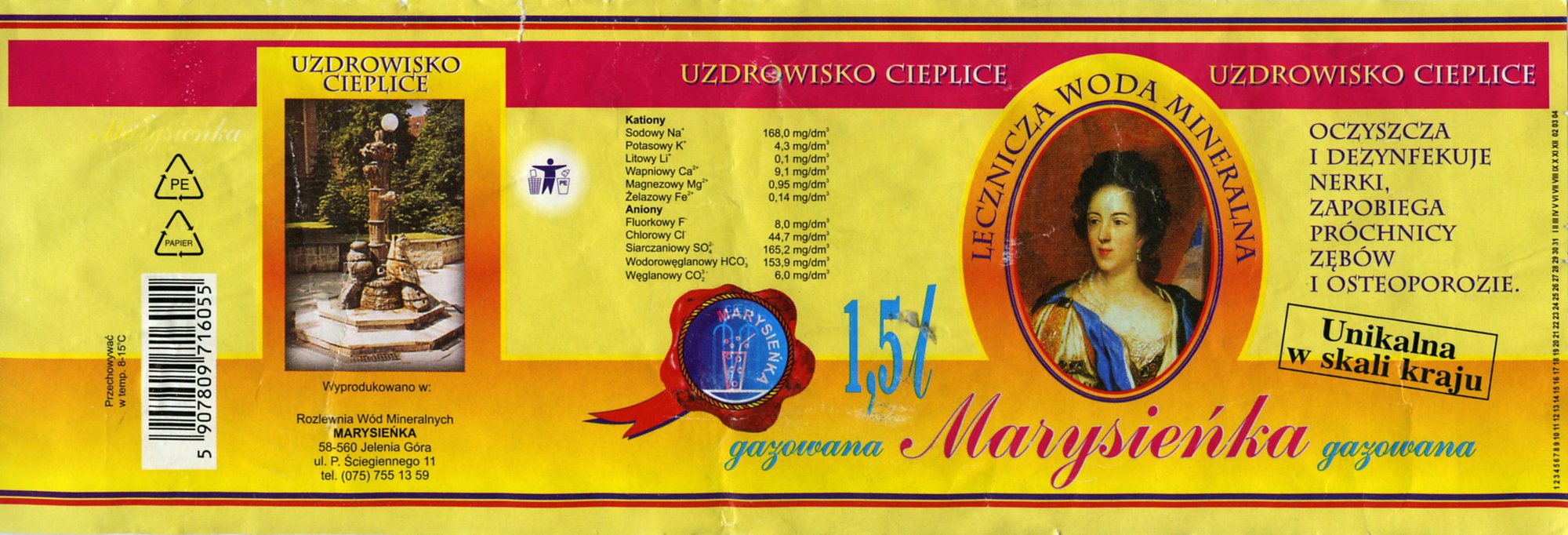 Duża etykieta na butelkę plastikową wody Marysieńka z lat 90. XX wieku/fot. Archiwum Muzeum Przyrodniczego
