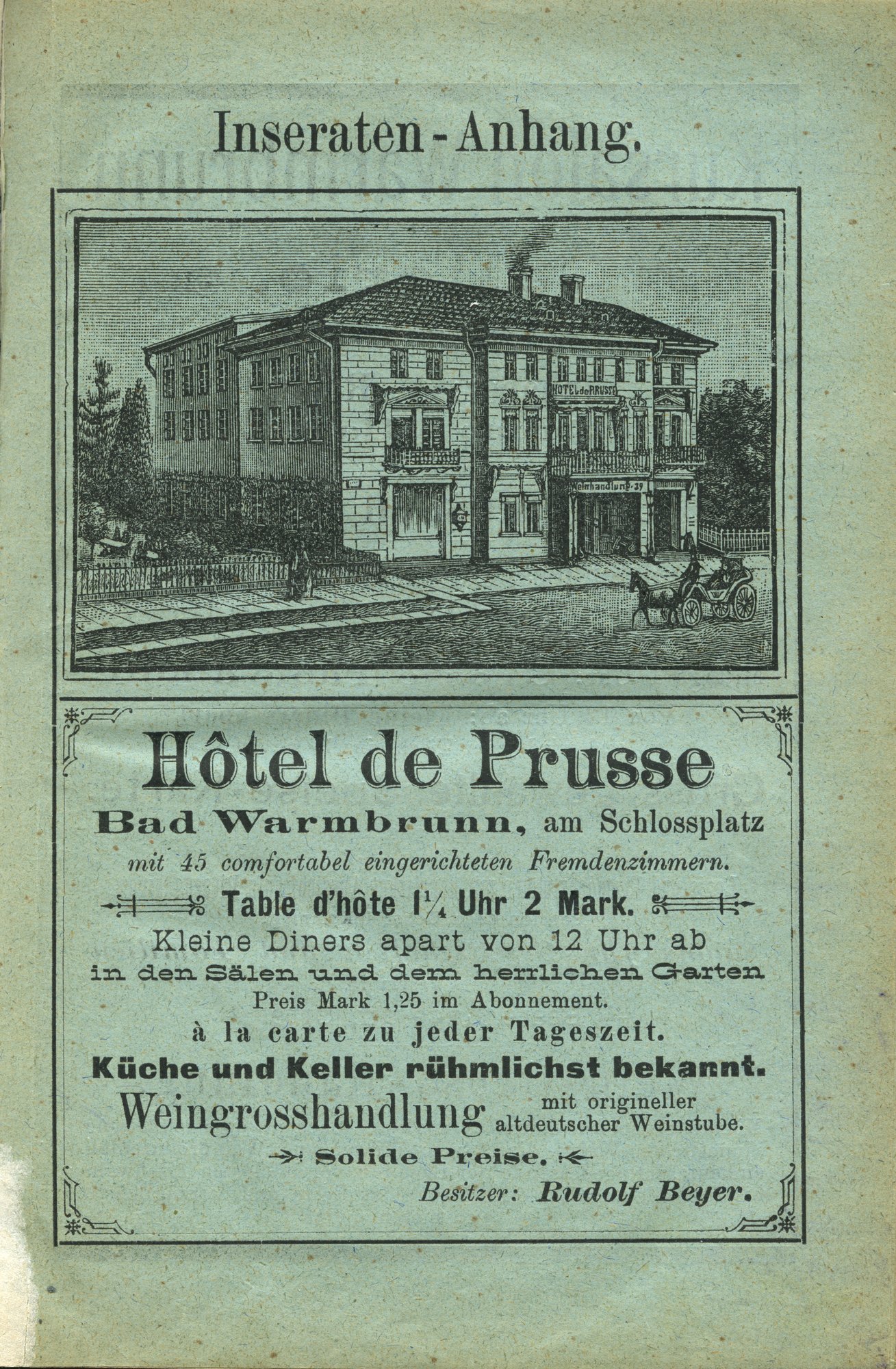XIX–wieczna reklama Hotelu de Prusse w Cieplicach przy dzisiejszym Placu Piastowskim