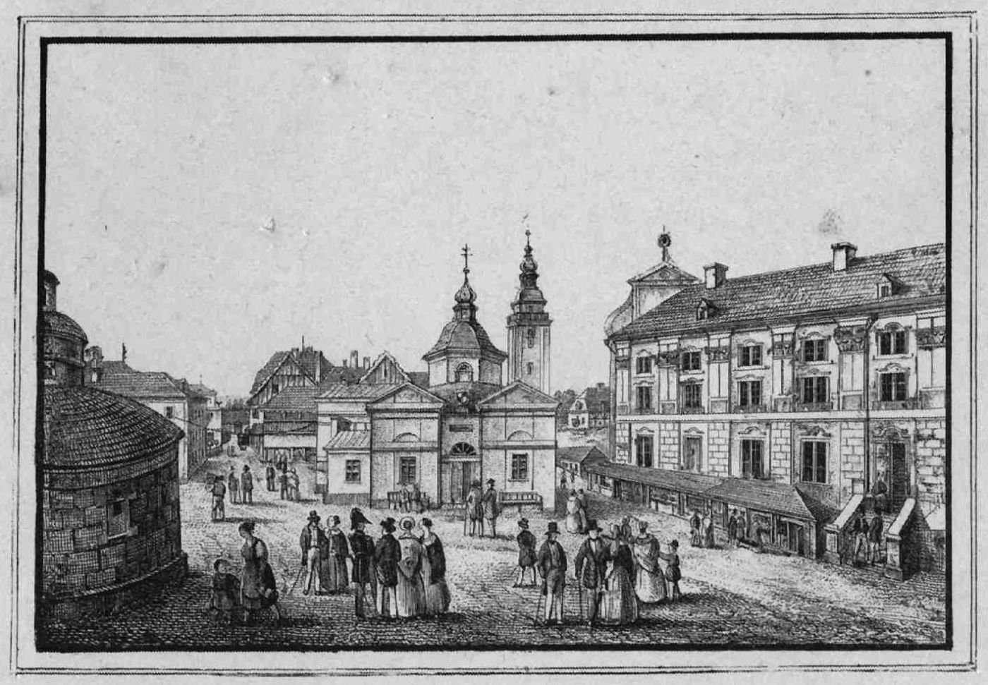 Kramy przy Długim Domu wg ryciny z poł. XIX wieku/fot. Archiwum Muzeum Przyrodniczego w Jeleniej Górze