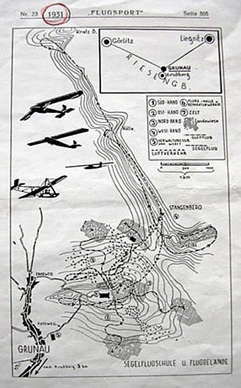 Orientacyjna mapka dla szybowników z Segelflugschule z zaznaczoną Górą Szybowcową i okolicami.