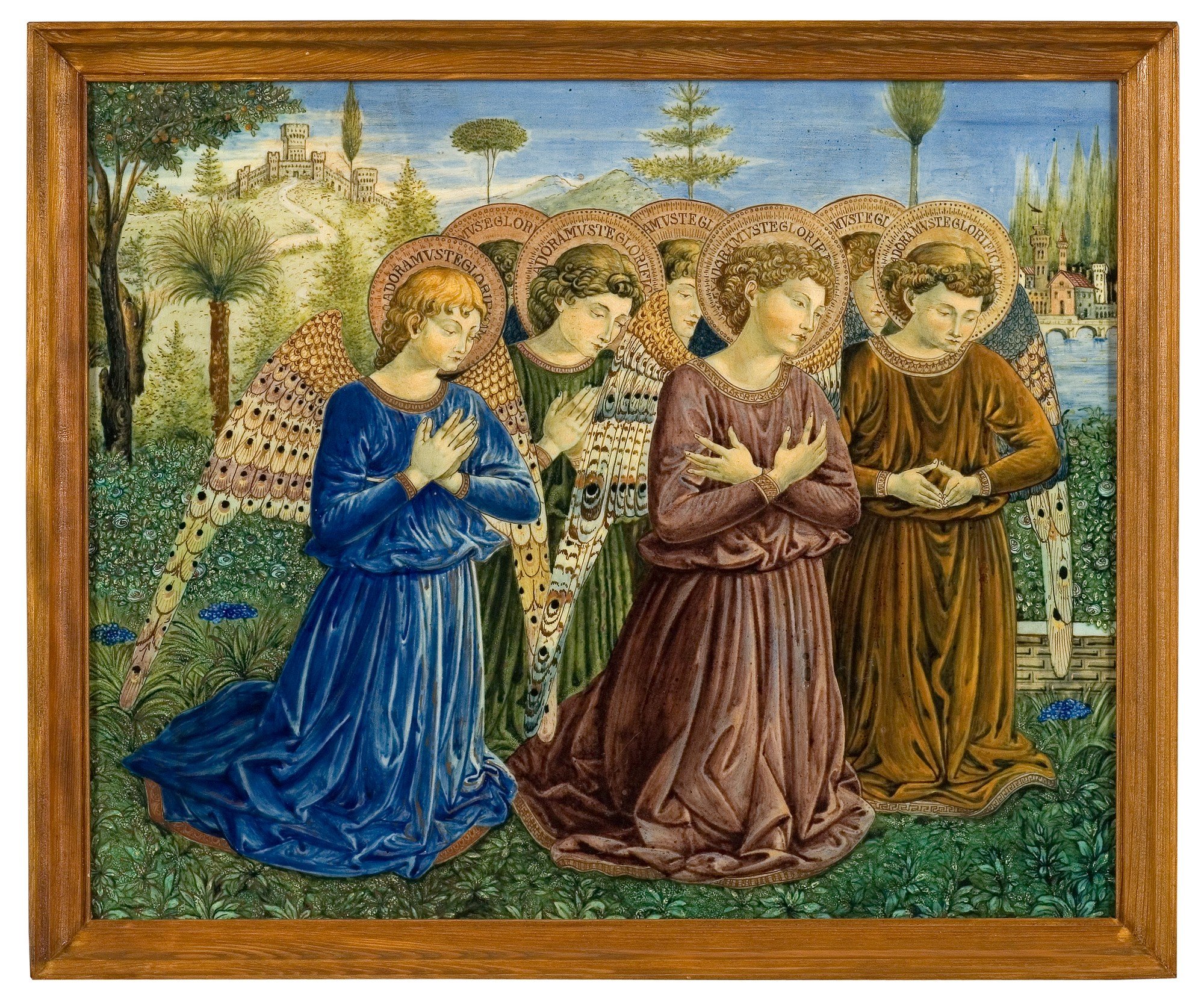 Tableau Klęczące Anioły, Wytwórnia Cantagalli we Florencji, Włochy, ok. 1895; majolika –