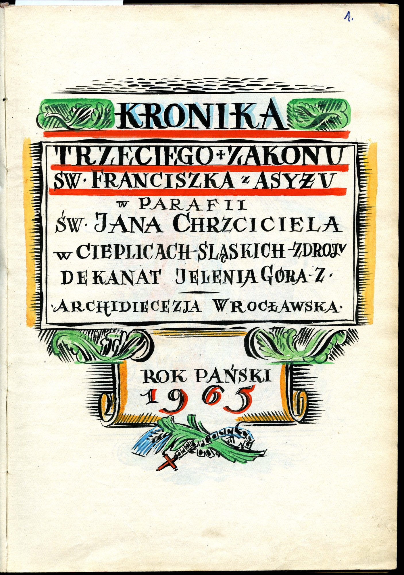 Strona tytułowa Kroniki/fot. Parafia św. Jana Chrzciciela w Jeleniej Górze