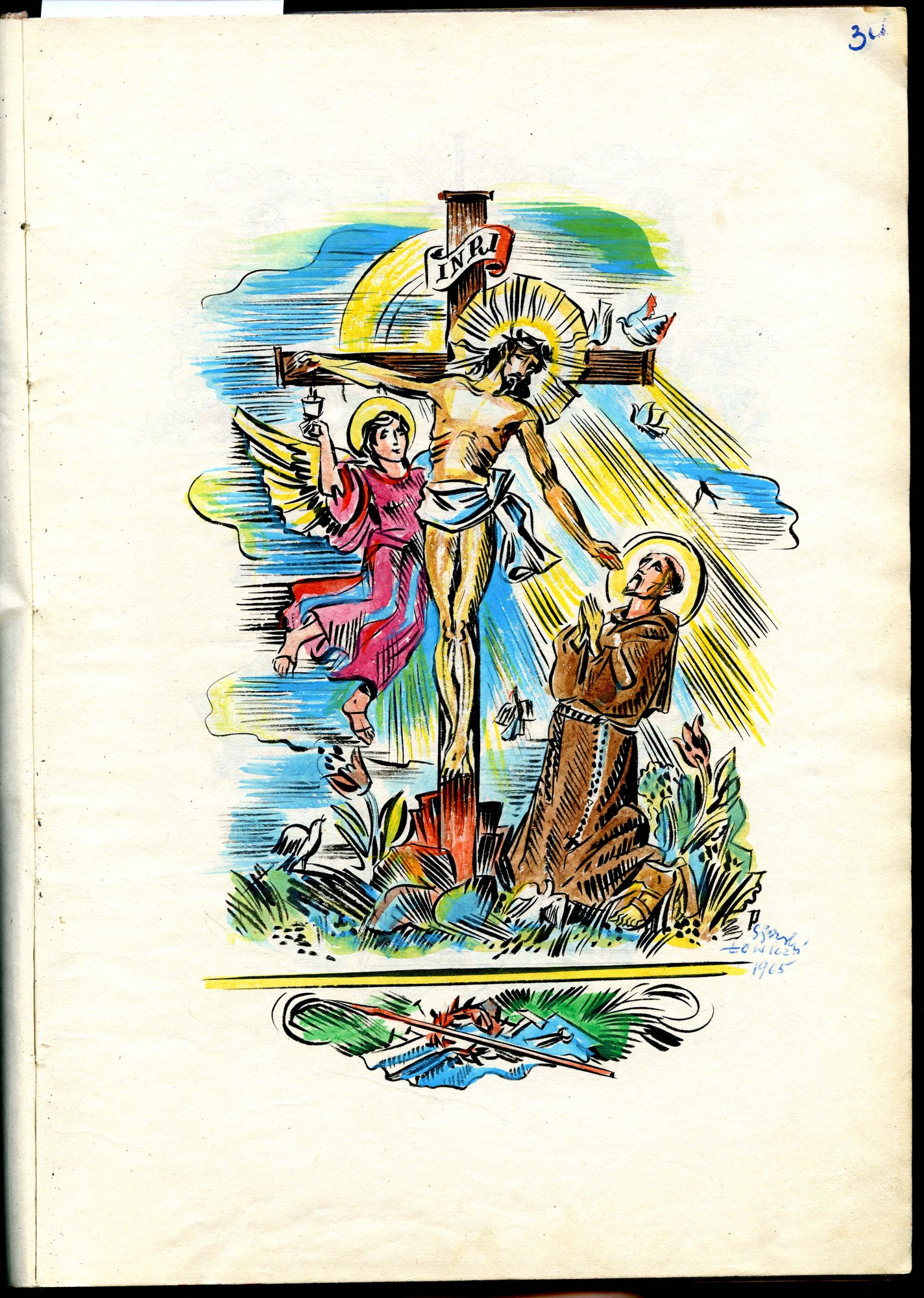 Jedna z ilustracji w Kronice, przedstawiająca św. Franciszka pod krzyżem/fot. Parafia św. Jana Chrzciciela w Jeleniej Górze
