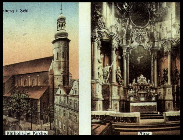 Po lewej – kościół i dawna zabudowa Priesterstr. (Kopernika). Po prawej – ołtarz główny.